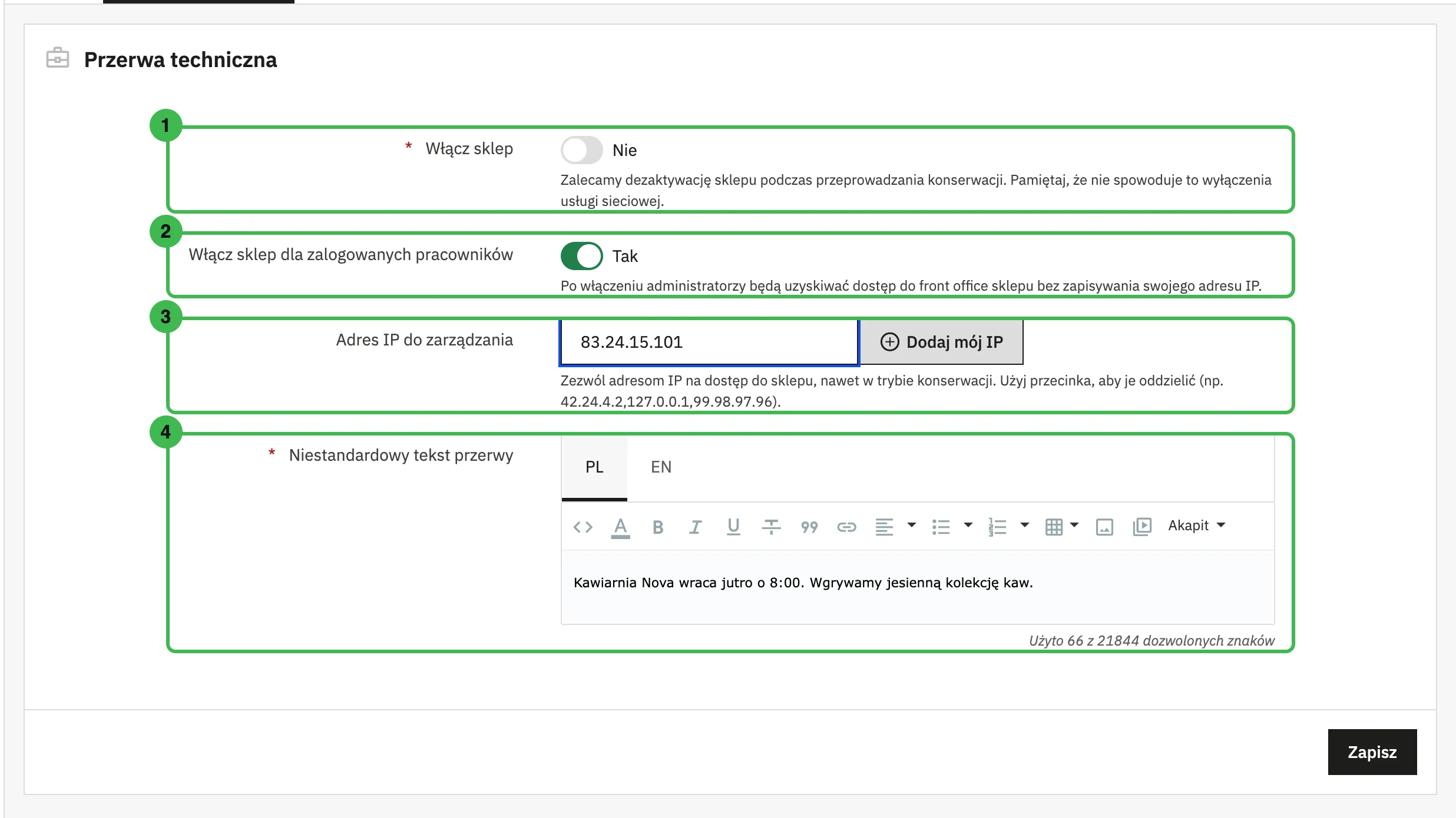 Zakładka Przerwa techniczna w PrestaShop 9.2 z czterema zaznaczonymi ustawieniami