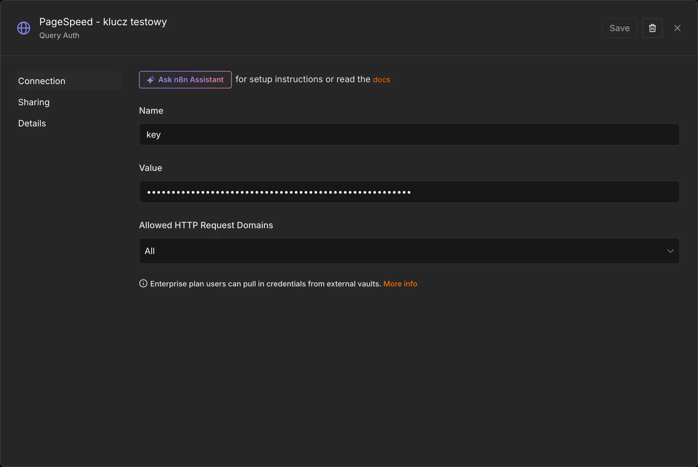 Poświadczenie Query Auth z polem Name ustawionym na key i zamazanym Value