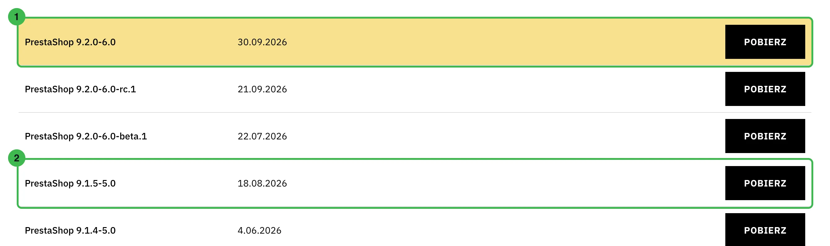 Lista wersji PrestaShop z wyróżnioną wersją 9.2.0-6.0 i zaznaczoną starszą wersją 9.1.5-5.0