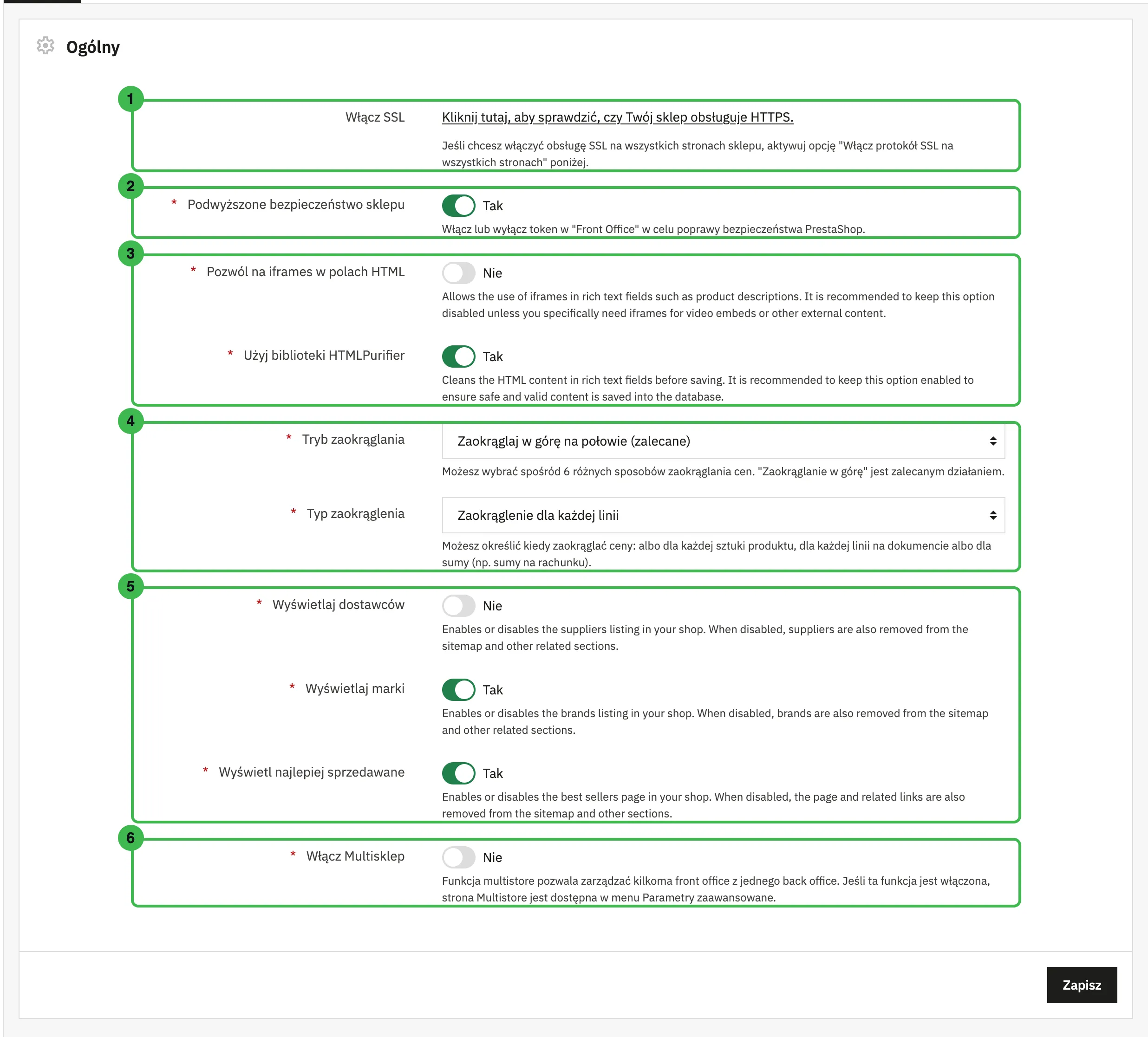 Strona Preferencje Ogólny w PrestaShop 9.2 z sześcioma zaznaczonymi grupami ustawień