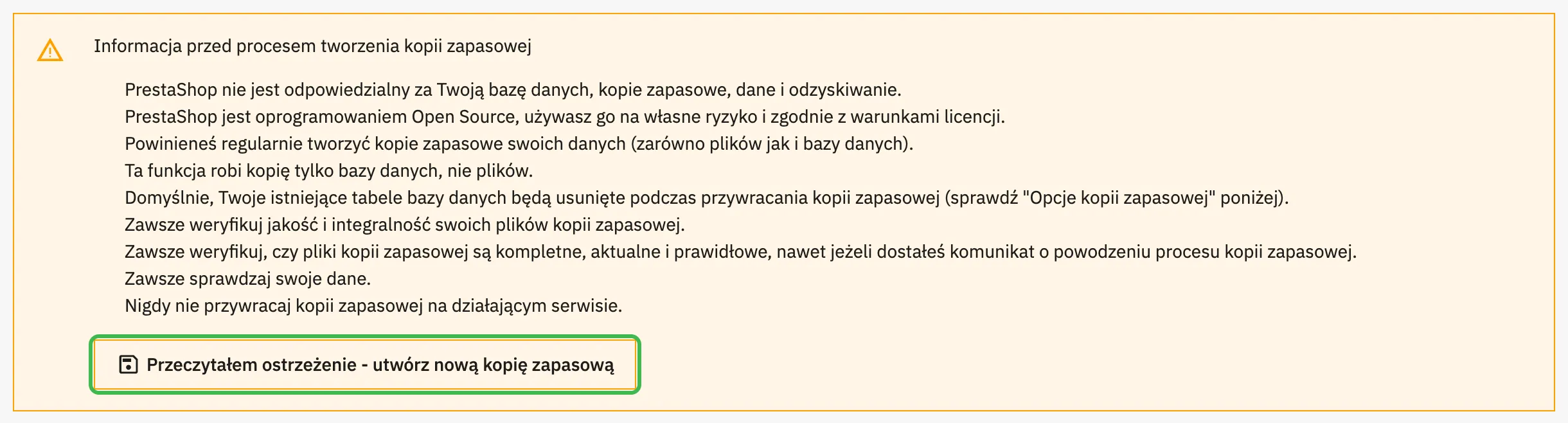 Ostrzeżenie przed tworzeniem kopii zapasowej i przycisk Przeczytałem ostrzeżenie - utwórz nową kopię zapasową