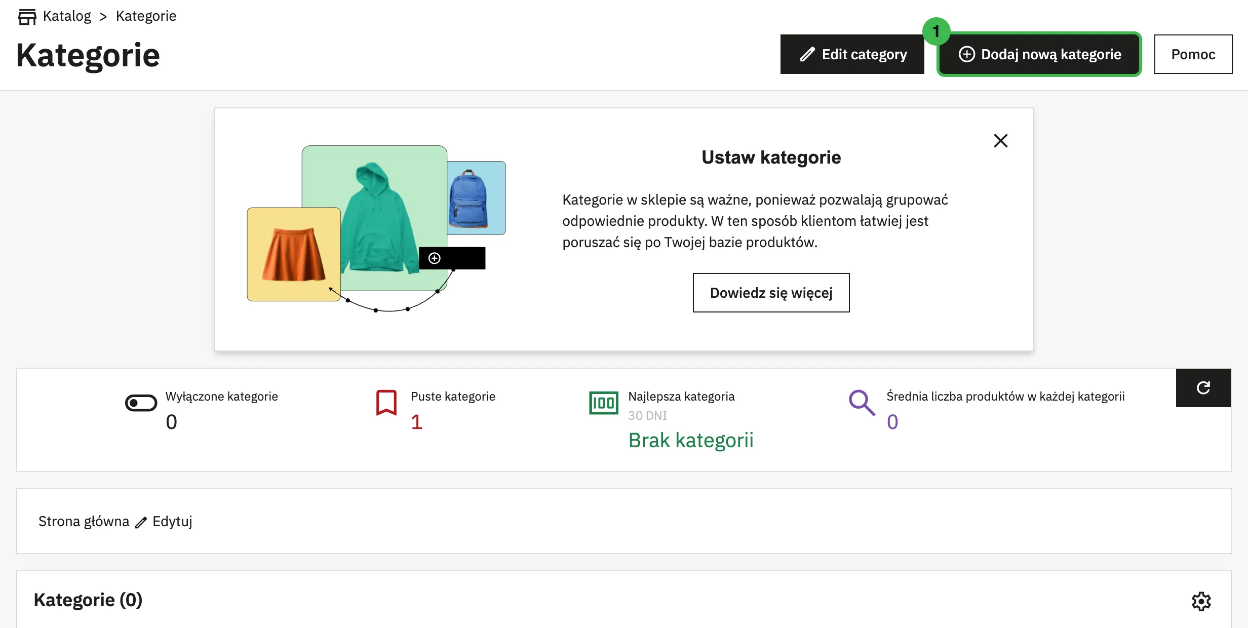 Strona Kategorie w PrestaShop 9.2 z przyciskiem Dodaj nową kategorie