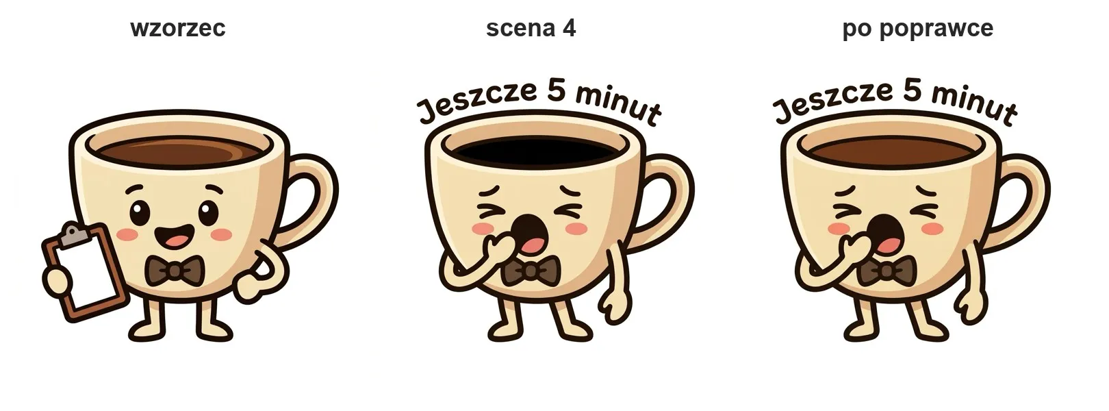 Wzorzec, scena 4 z czarną kawą i scena 4 po poprawce z brązową kawą jak we wzorcu