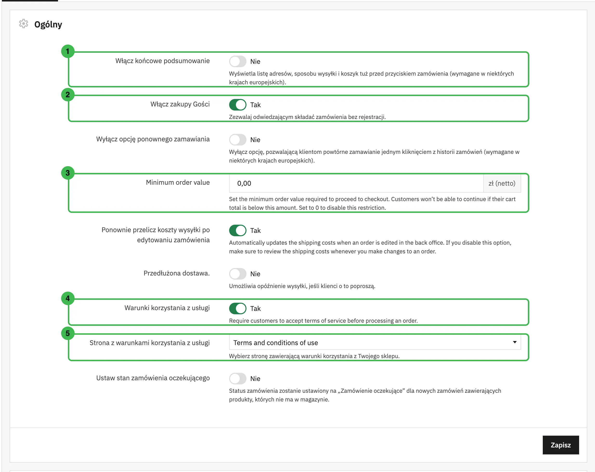 Sekcja Ogólny w ustawieniach zamówień PrestaShop 9.2 z pięcioma zaznaczonymi opcjami