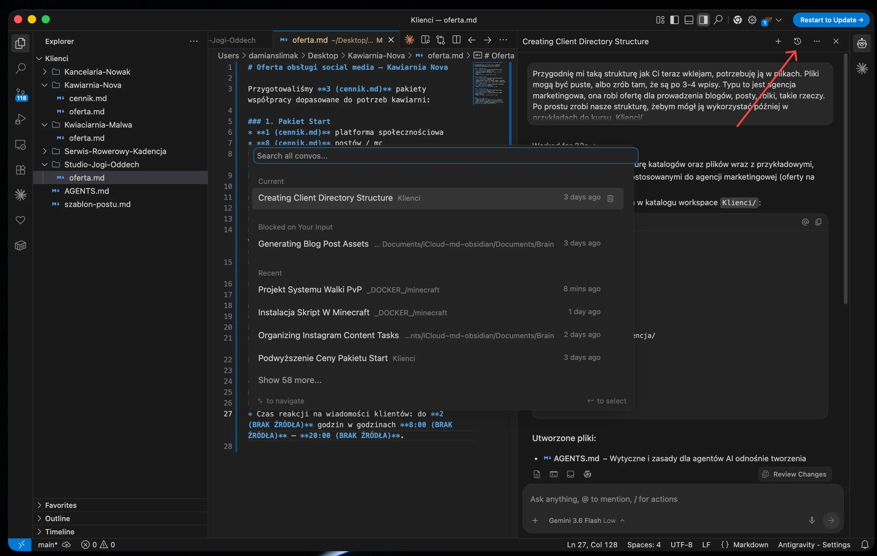 Agent Manager z listą uruchomionych zadań i Inboxem