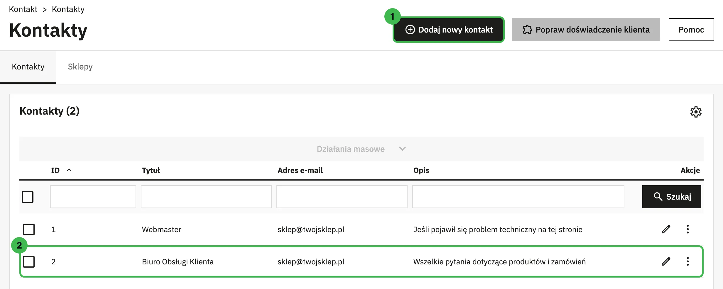 Lista kontaktów w PrestaShop 9.2 z przyciskiem Dodaj nowy kontakt i zaznaczonym kontaktem Biuro Obsługi Klienta