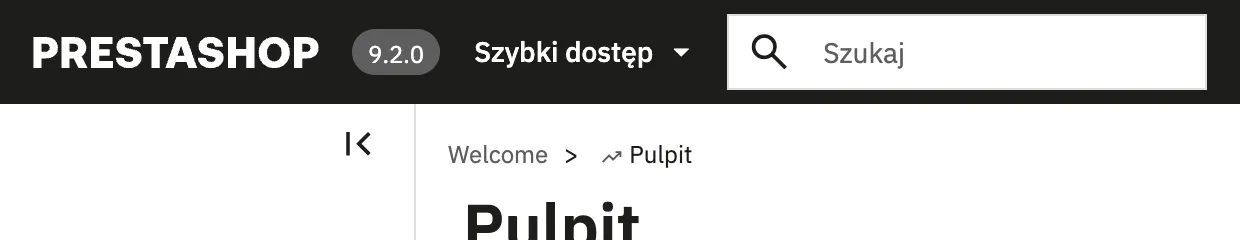 Numer wersji 9.2.0 obok logo PrestaShop na górnym pasku panelu