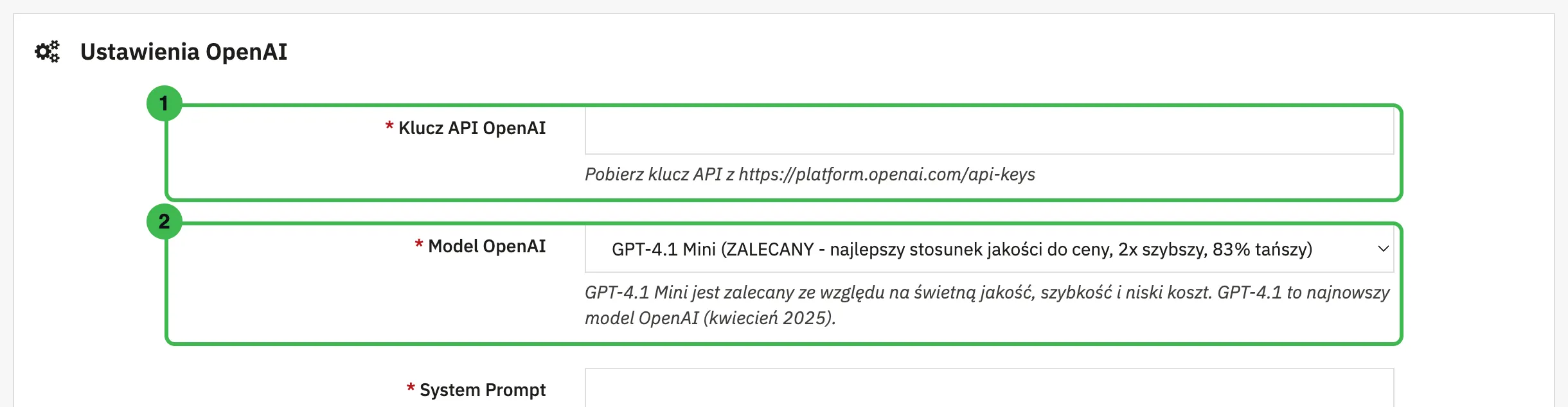 Ustawienia OpenAI z polem klucza API i wyborem modelu