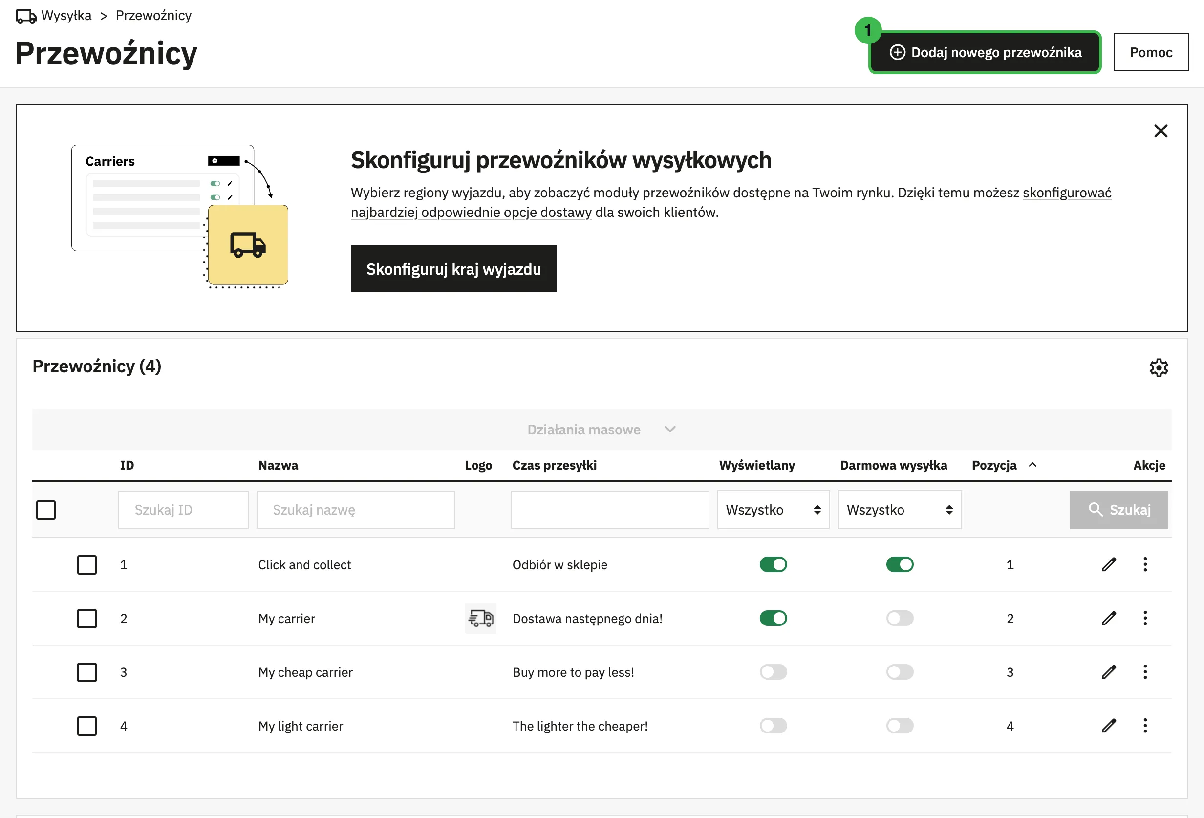 Lista przewoźników w PrestaShop 9.2 po instalacji: Click and collect, My carrier, My cheap carrier i My light carrier