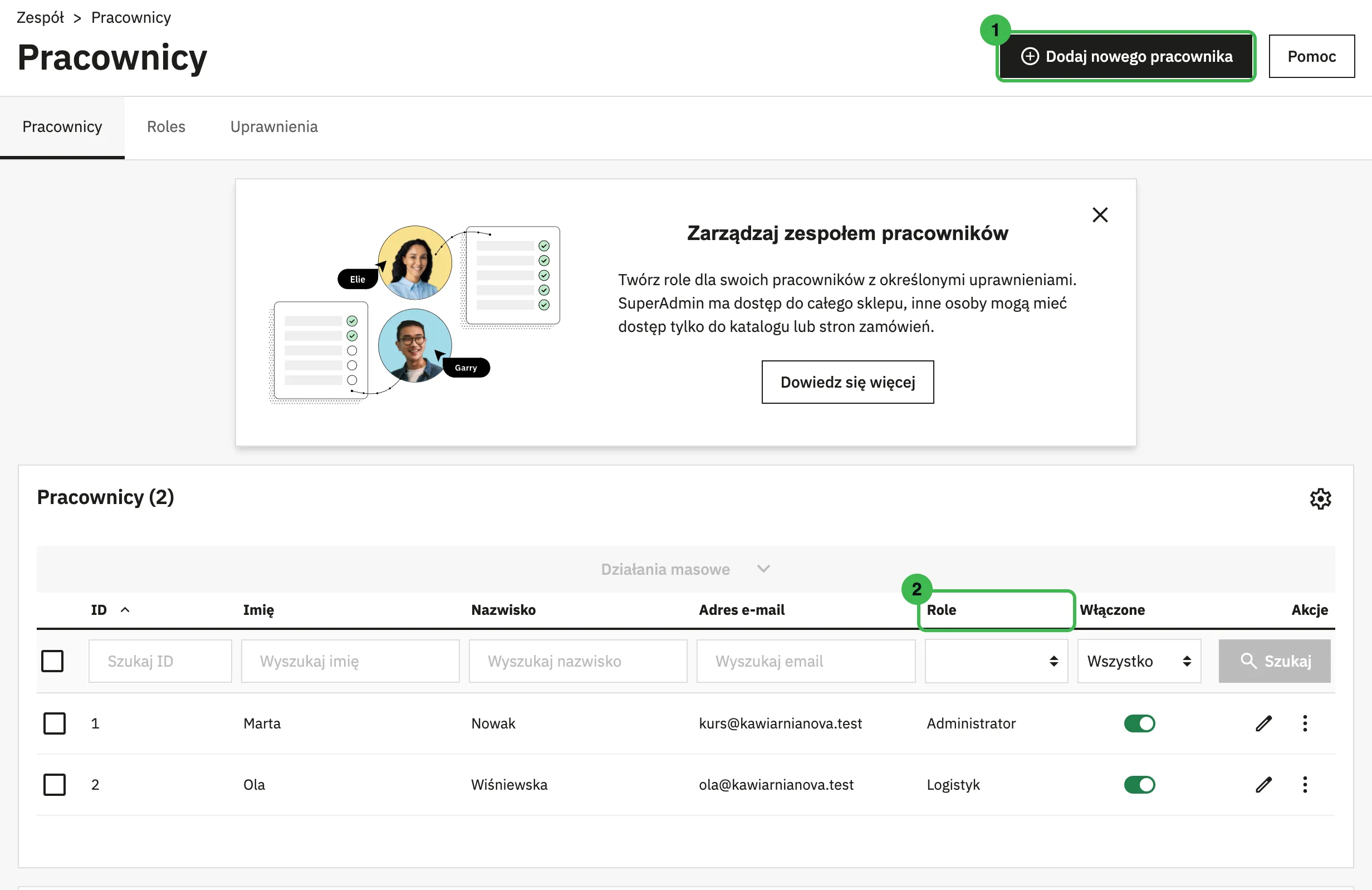Lista pracowników z przyciskiem Dodaj nowego pracownika i kolumną Role