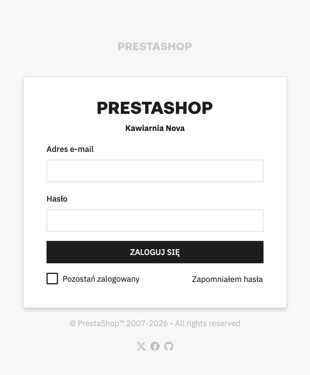 Ekran logowania do panelu PrestaShop 9.2 z nazwą sklepu Kawiarnia Nova