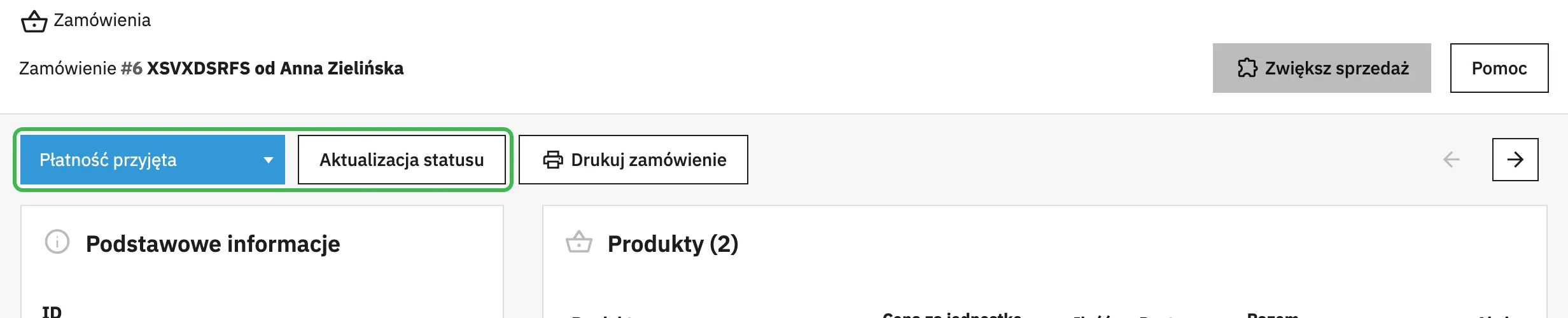 Pasek statusu zamówienia z wybranym statusem Płatność przyjęta i przyciskiem Aktualizacja statusu