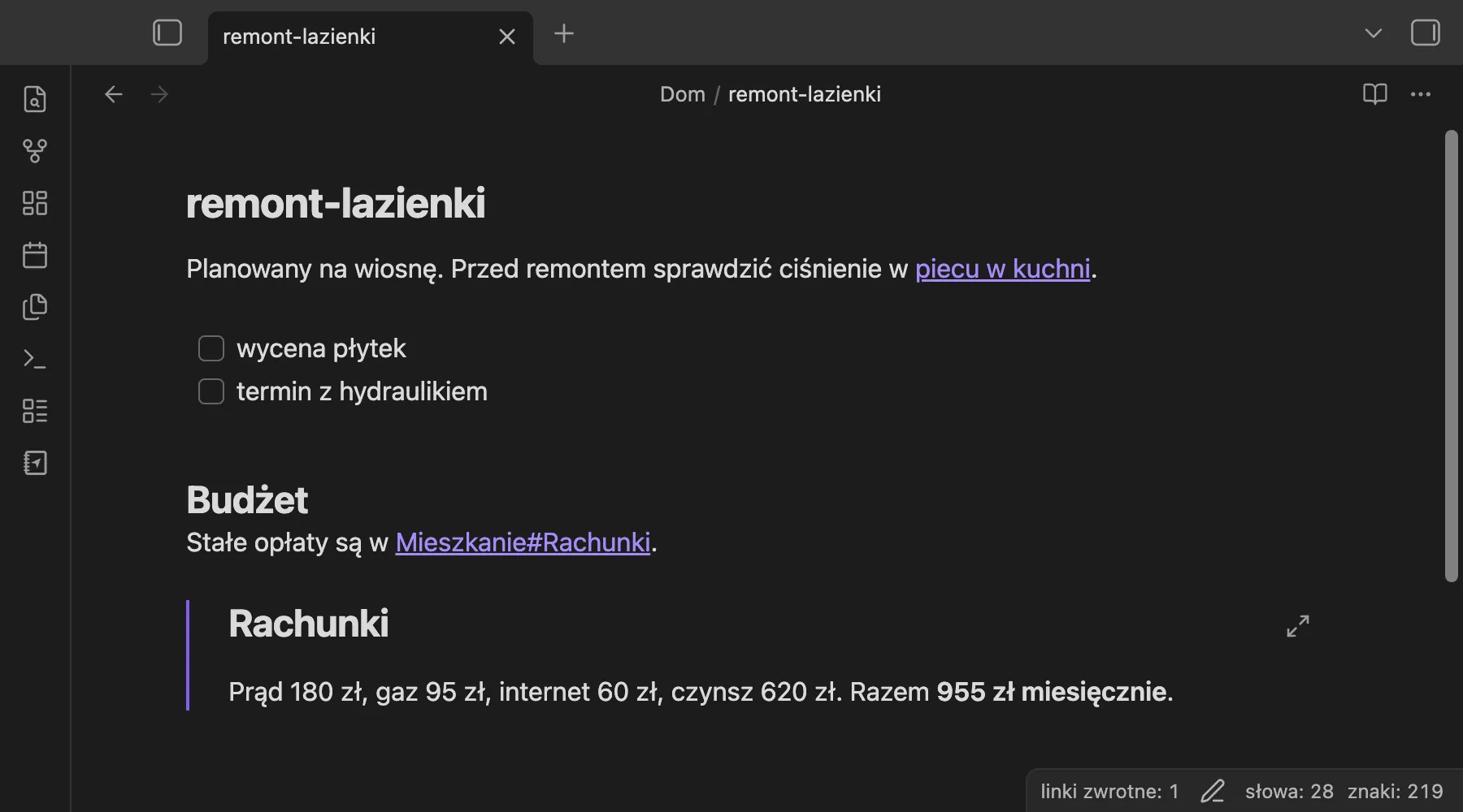 Notatka remont-lazienki: link do sekcji Rachunki, a pod nim ta sama sekcja osadzona w całości