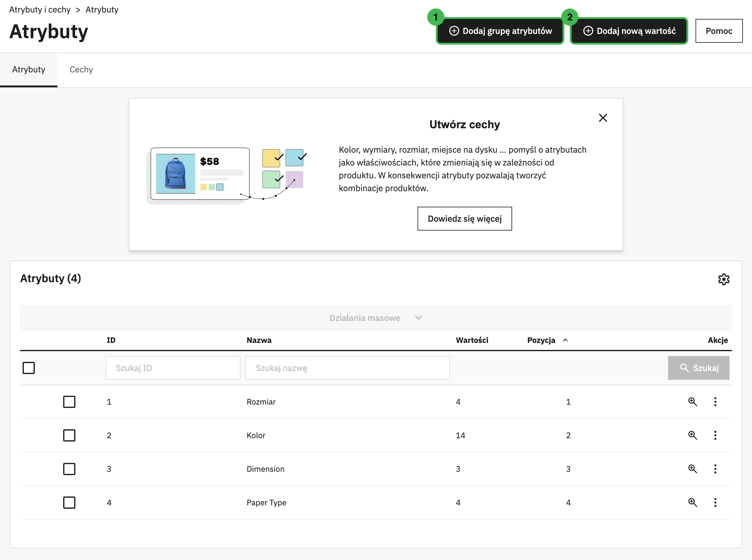 Lista atrybutów w PrestaShop 9.2 z czterema atrybutami z instalacji i przyciskami Dodaj grupę atrybutów oraz Dodaj nową wartość