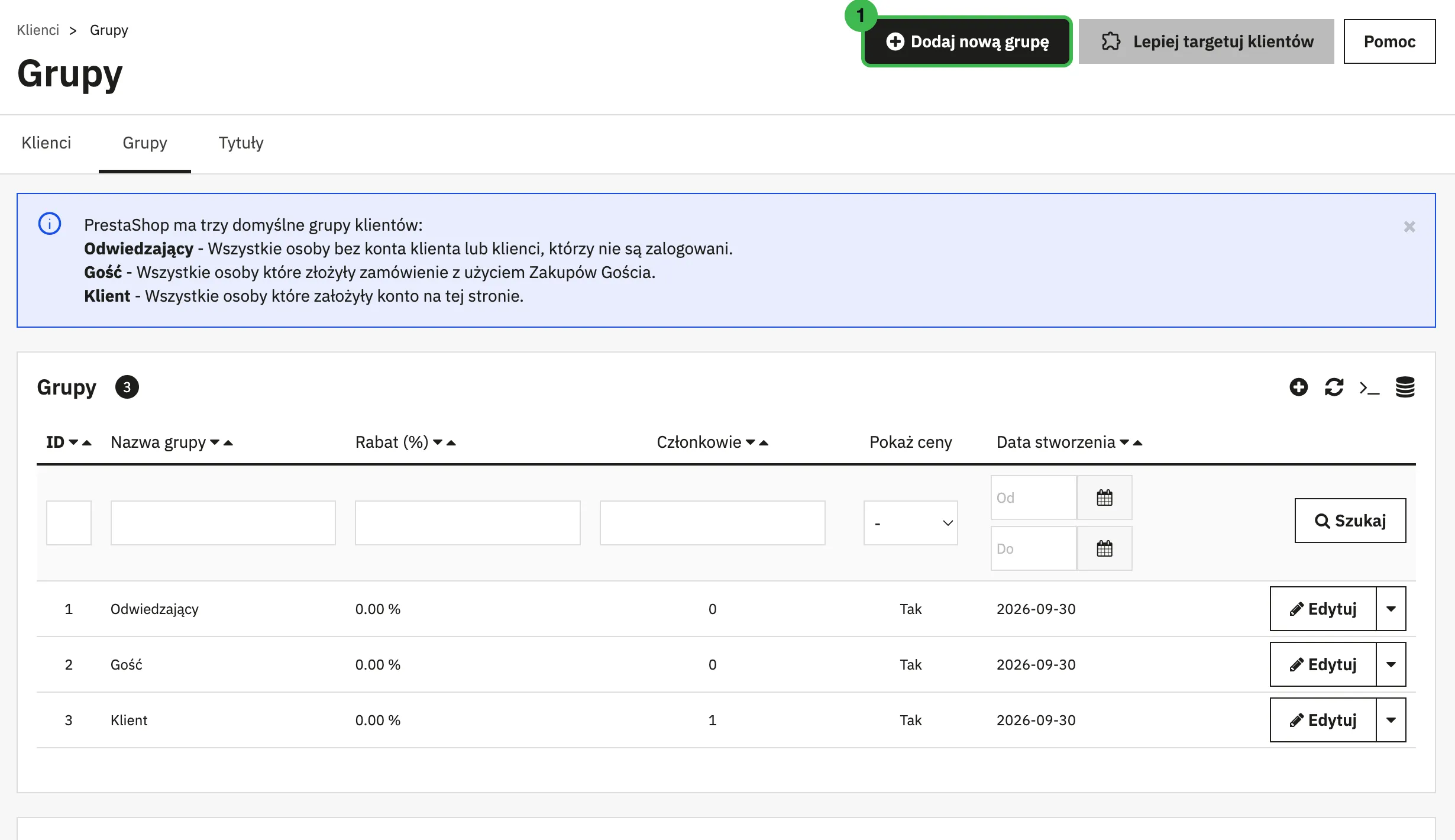 Lista grup klientów w PrestaShop 9.2 z trzema domyślnymi grupami i przyciskiem Dodaj nową grupę