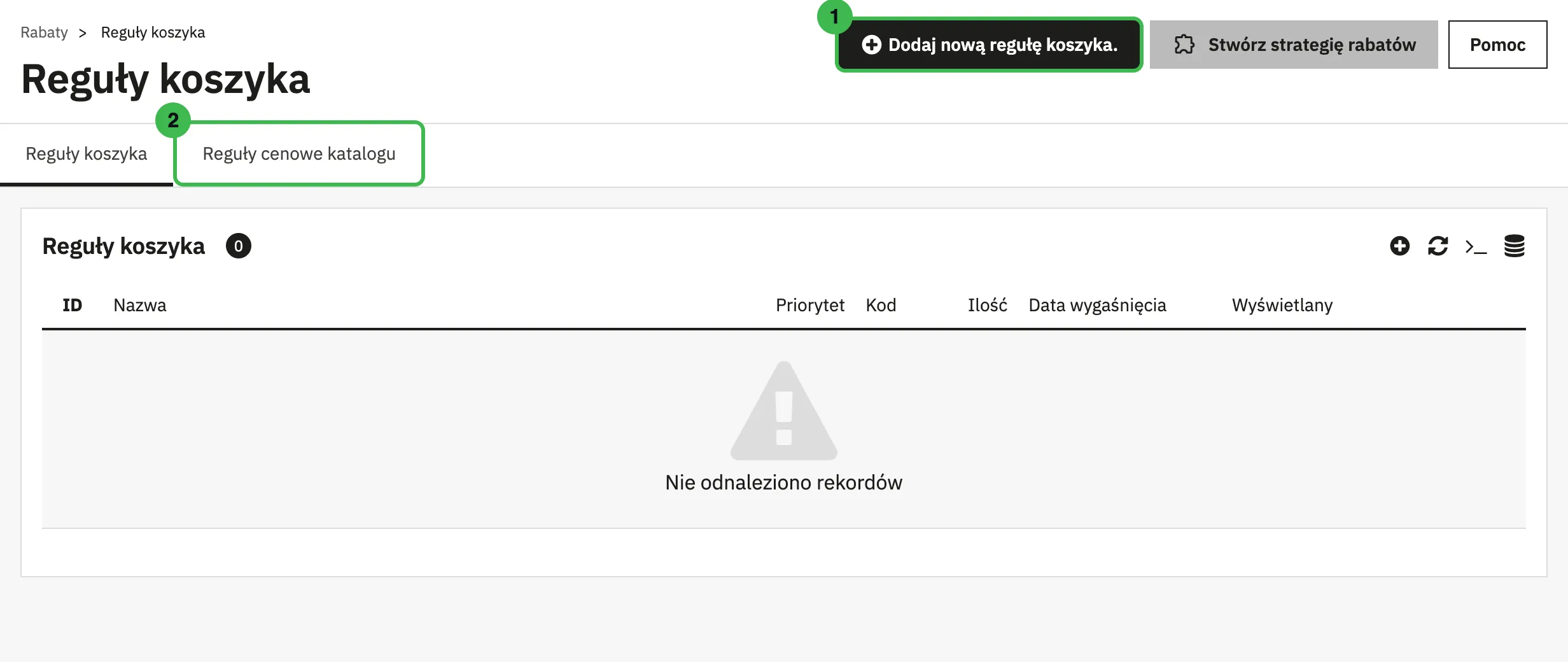 Strona Rabaty z przyciskiem Dodaj nową regułę koszyka i zakładką Reguły cenowe katalogu