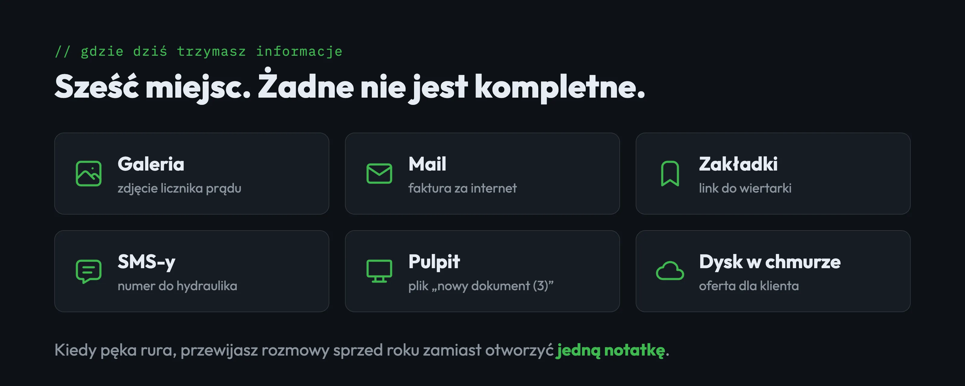 Sześć miejsc, w których trzymasz informacje: galeria, mail, zakładki, SMS-y, pulpit, dysk w chmurze
