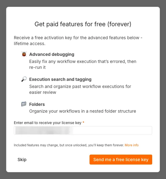 Okno n8n Get paid features for free - lista funkcji, pole na e-mail i przycisk Send me a free license key