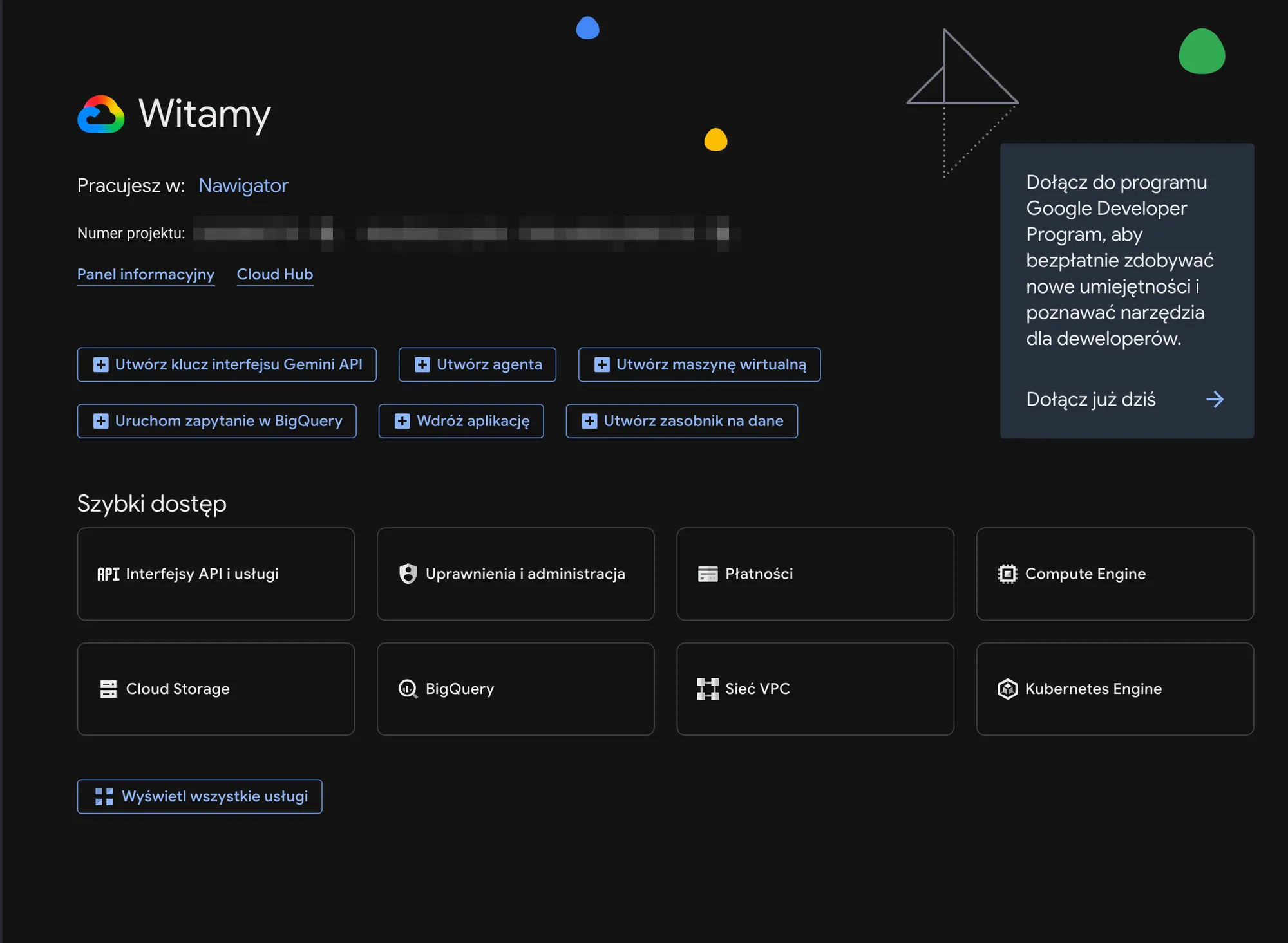 Strona powitalna Google Cloud Console po polsku - wybrany projekt i skróty, w tym Interfejsy API i usługi