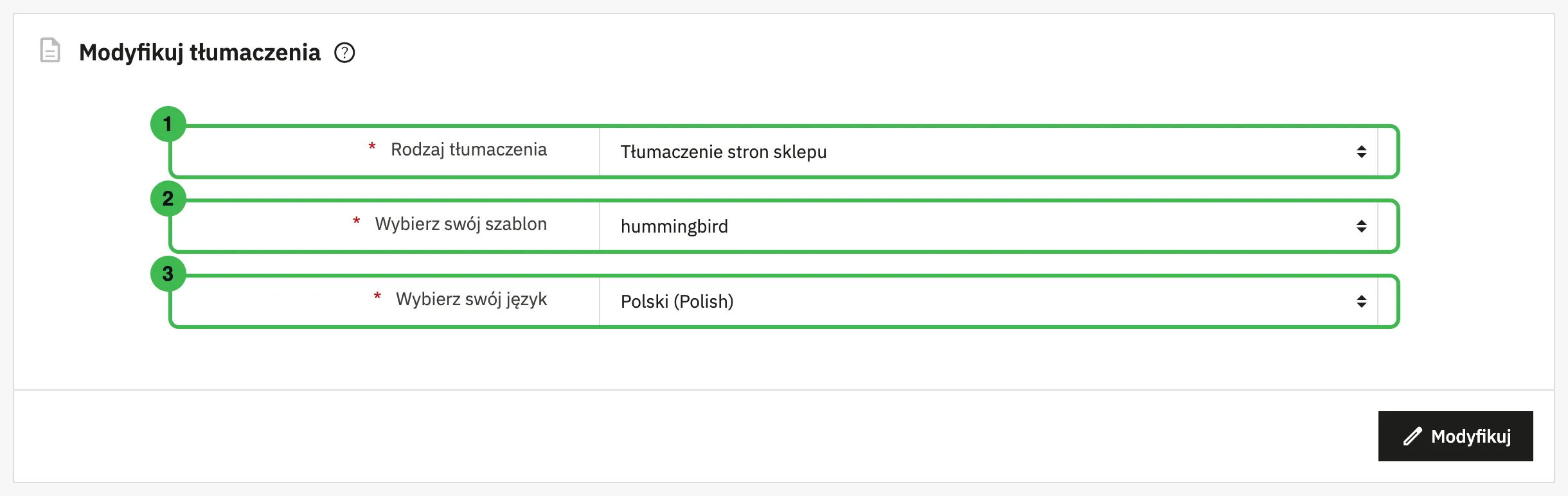 Formularz Modyfikuj tłumaczenia z rodzajem Tłumaczenie stron sklepu, szablonem hummingbird i językiem polskim