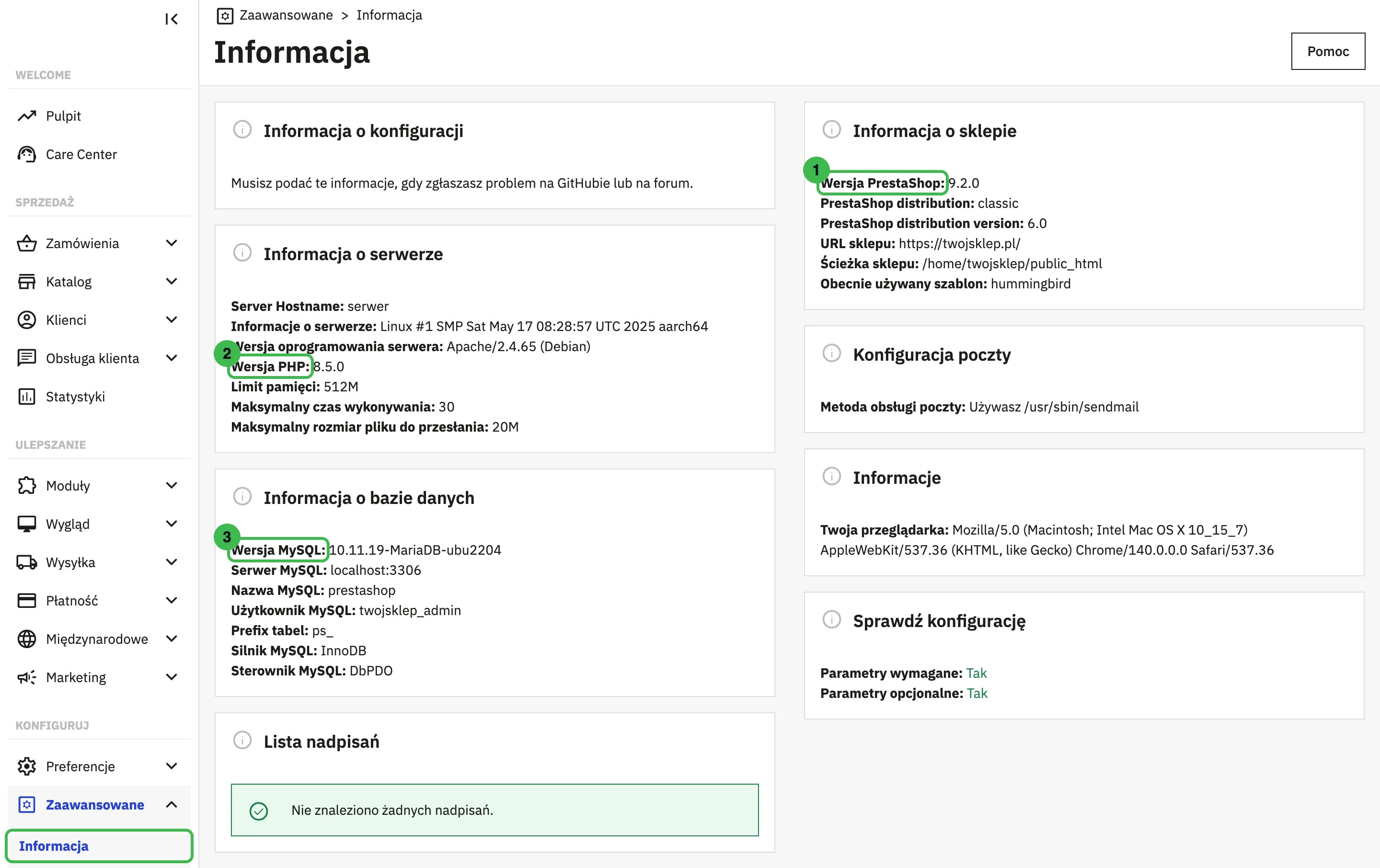 Strona Informacja w PrestaShop 9.2 z zaznaczoną wersją PrestaShop, wersją PHP i wersją MySQL