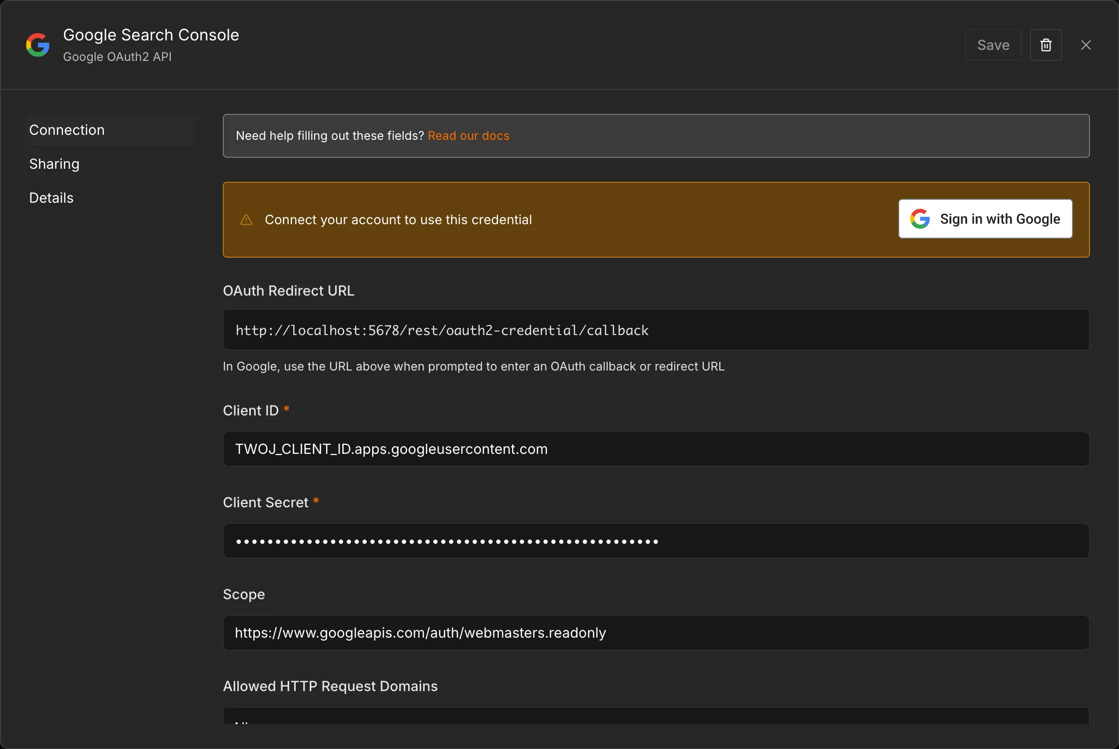 Okno poświadczenia Google OAuth2 API w n8n z wpisanym scope webmasters.readonly