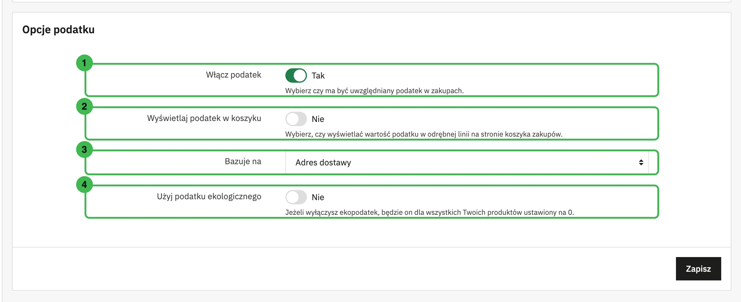Sekcja Opcje podatku z czterema ustawieniami