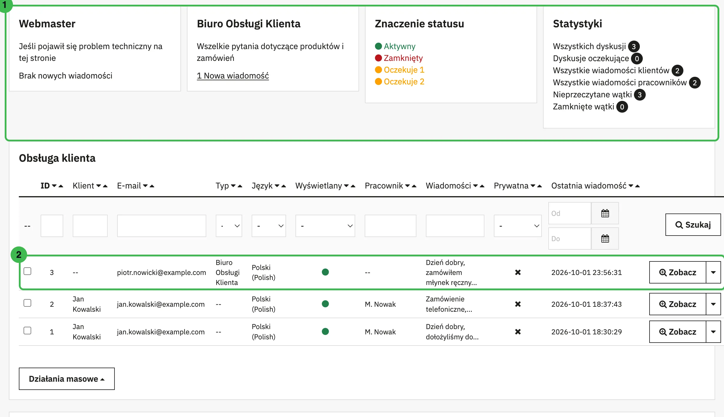 Panel Obsługa klienta z kontaktami, statusami, statystykami i listą wątków z nową wiadomością Piotra Nowickiego