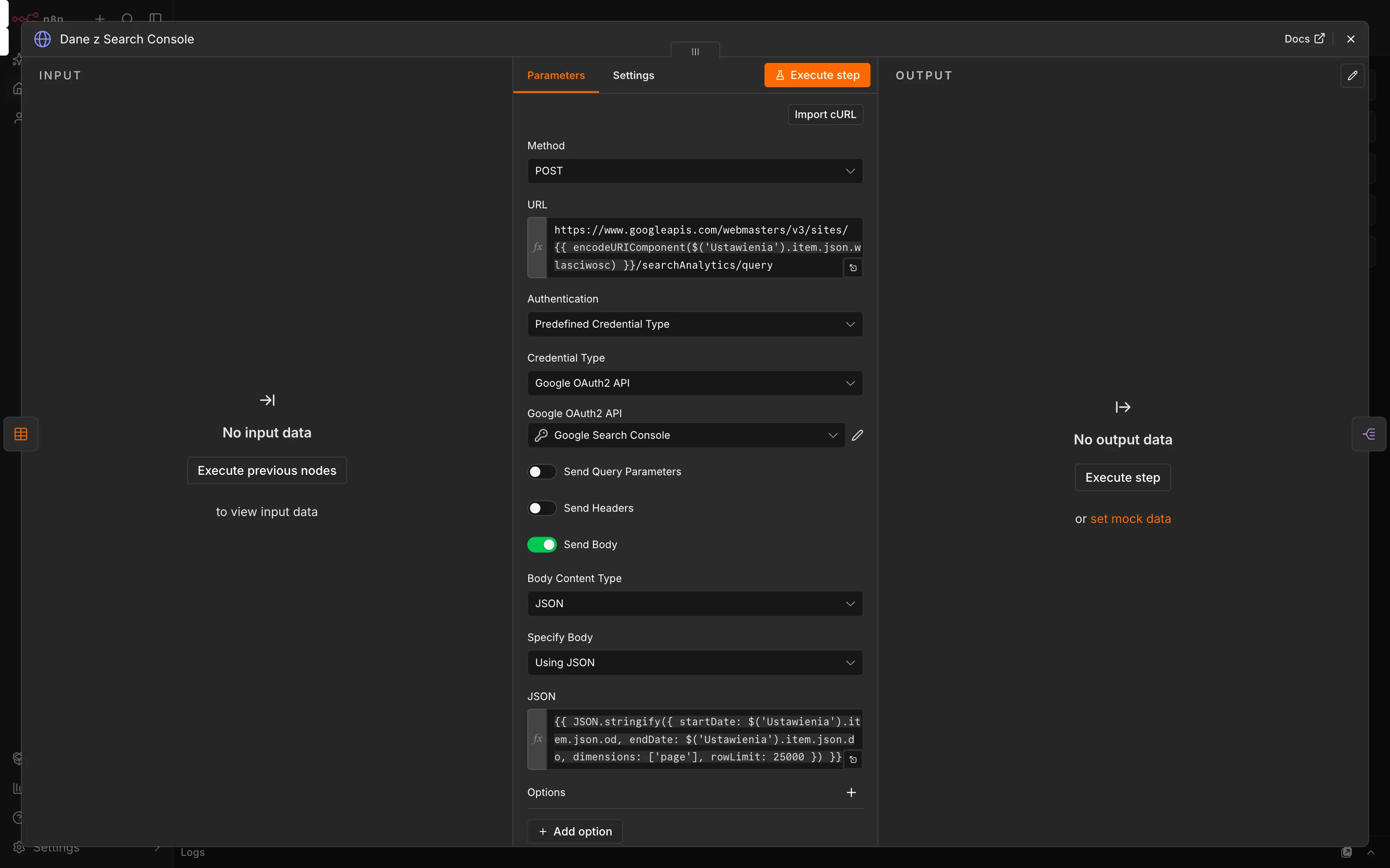 Węzeł Dane z Search Console, metoda POST, adres z wyrażeniem i treść JSON