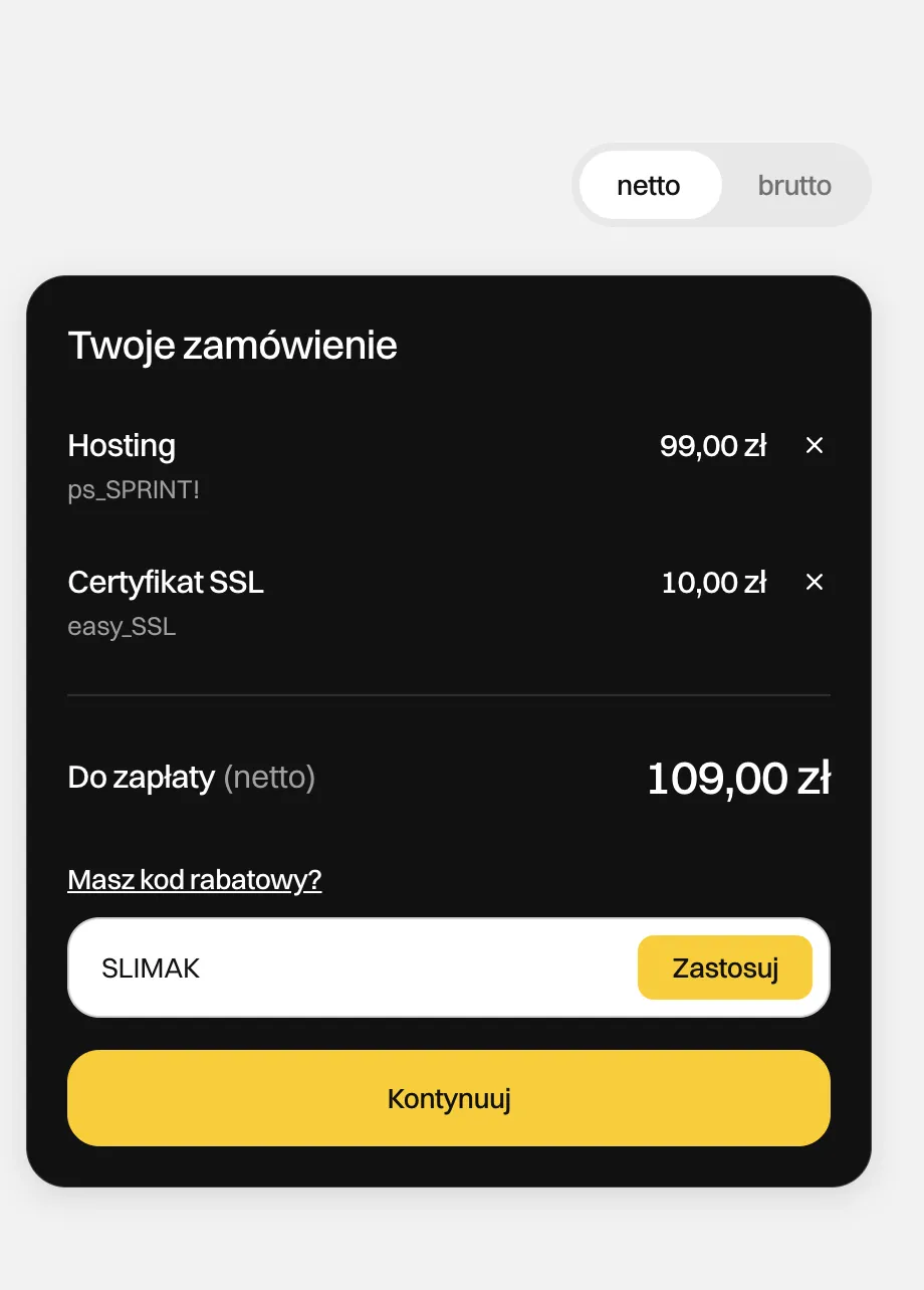 Pole kodu rabatowego z wpisanym kodem SLIMAK i przyciskiem Zastosuj