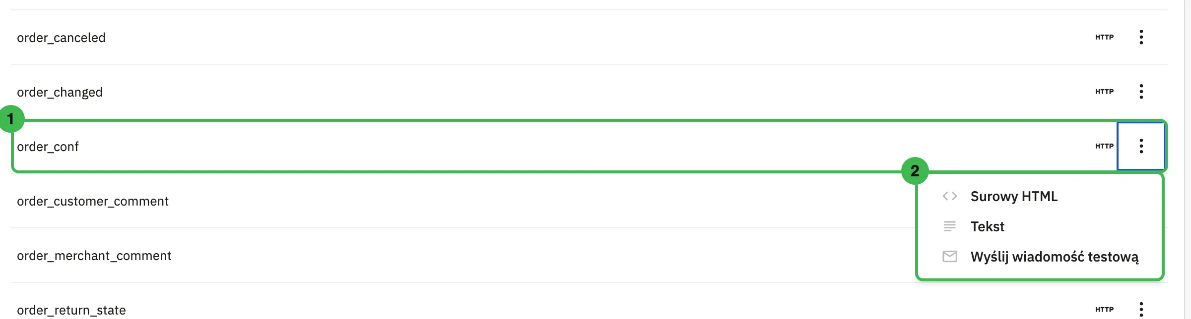 Lista maili w szablonie modern z rozwiniętym menu przy order_conf: Surowy HTML, Tekst, Wyślij wiadomość testową