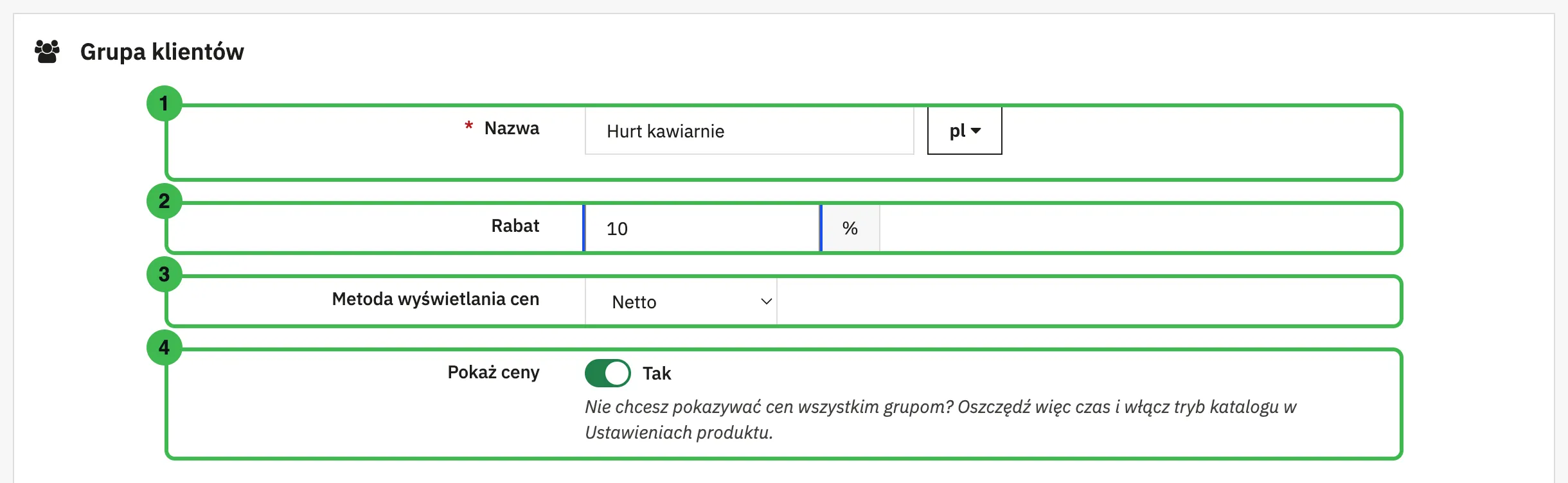 Formularz nowej grupy klientów Hurt kawiarnie z rabatem 10%, cenami netto i włączonym pokazywaniem cen
