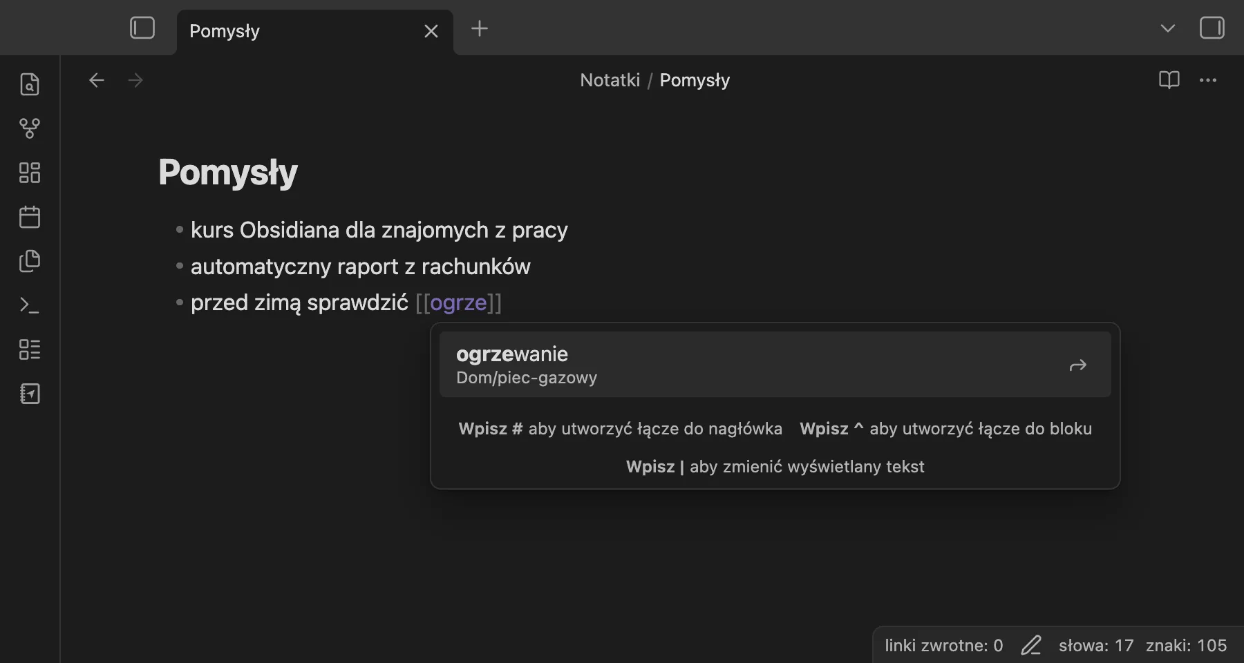 Po wpisaniu „ogrze” podpowiedź linku pokazuje alias ogrzewanie z notatki piec-gazowy
