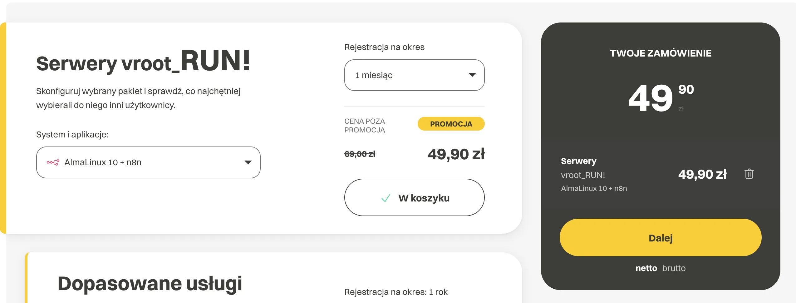 Konfiguracja zamówienia w cyber_Folks - vroot_RUN, okres 1 miesiąc, system AlmaLinux 10 + n8n i podsumowanie Twoje zamówienie z przyciskiem Dalej