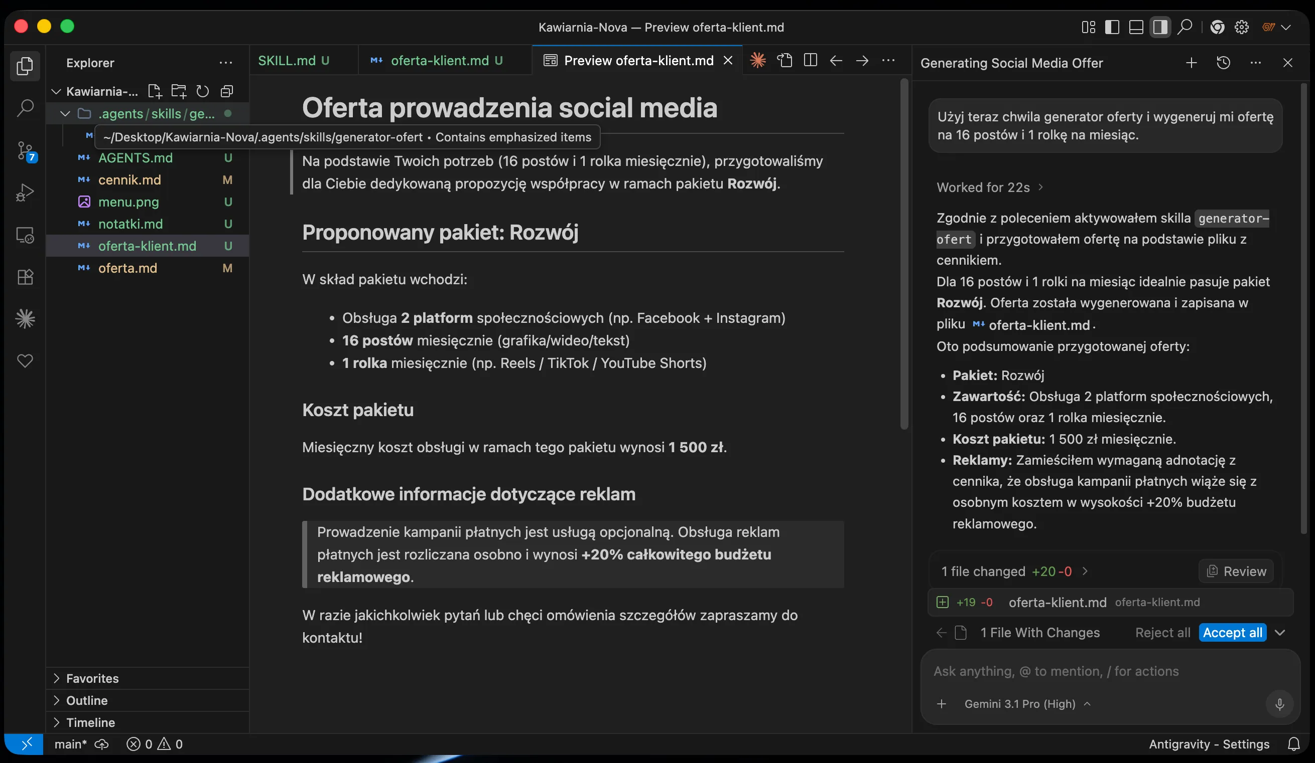 Wygenerowana oferta na podstawie skilla i cennika