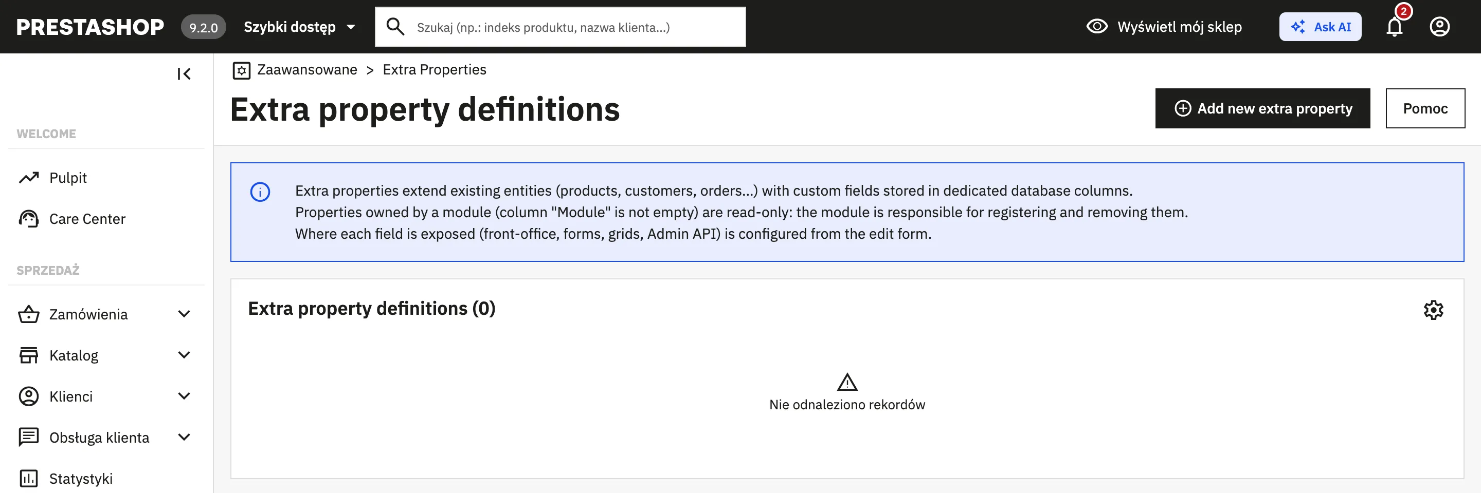 Strona Extra property definitions w PrestaShop 9.2 bez zdefiniowanych pól