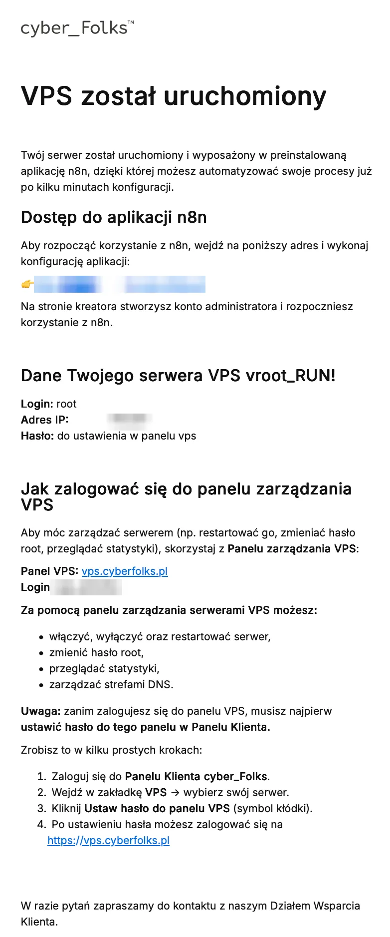 Mail od cyber_Folks „VPS został uruchomiony" - adres n8n, dane serwera vroot_RUN i instrukcja logowania do panelu VPS (dane zamazane)