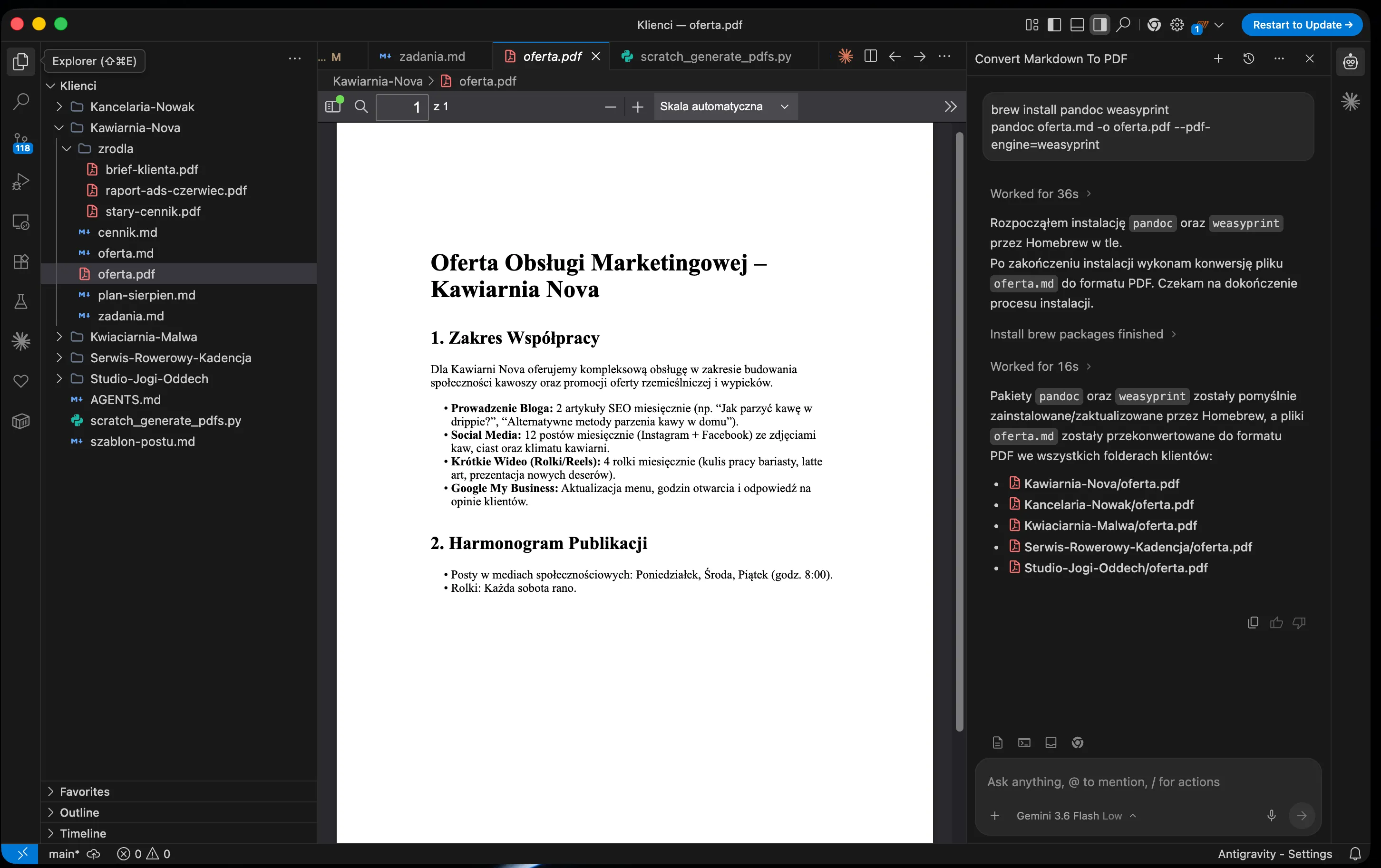 Terminal z komendą pandoc i gotowy plik oferta.pdf w folderze