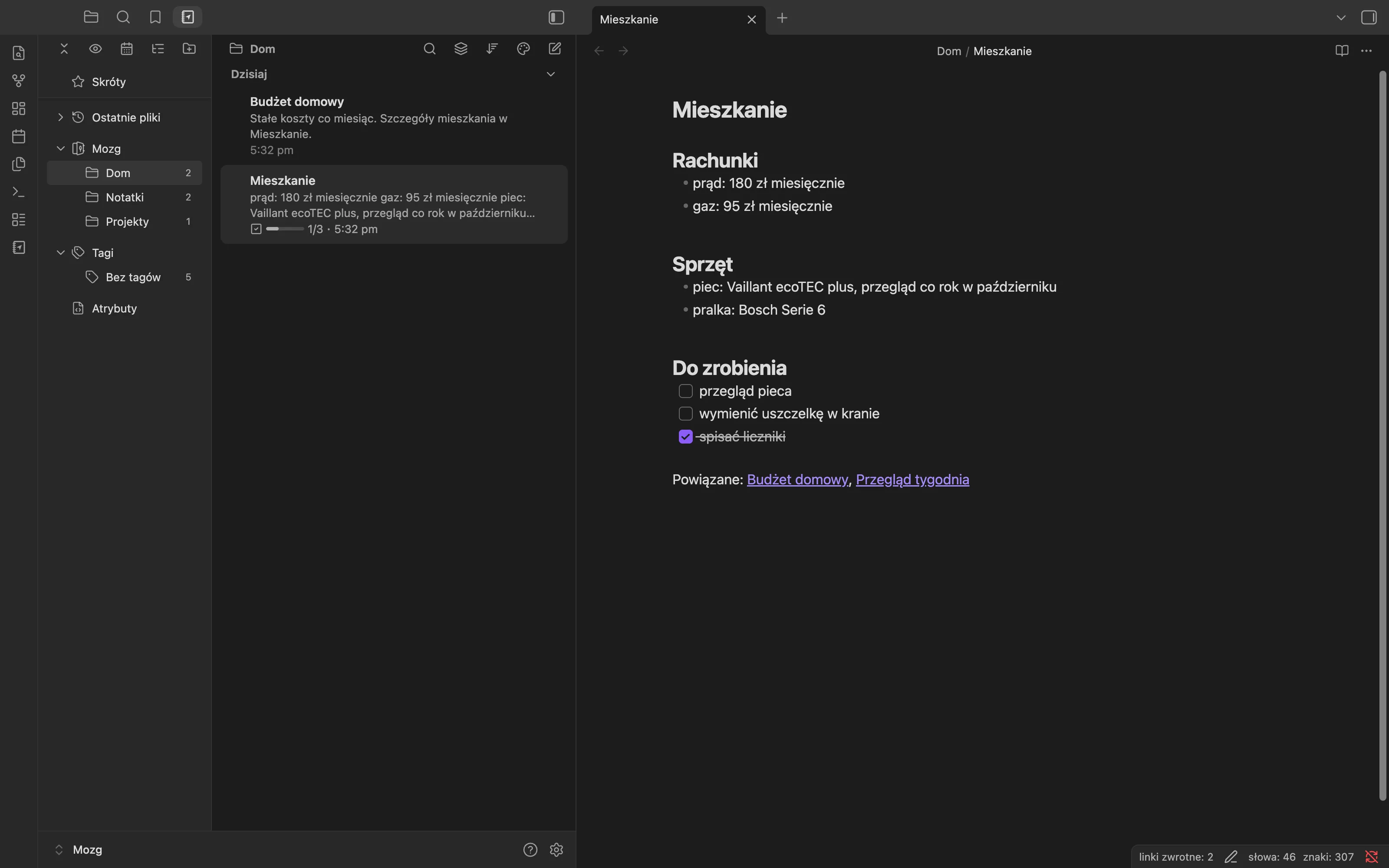 Notebook Navigator w układzie dwukolumnowym: foldery po lewej, lista notatek z podglądem obok