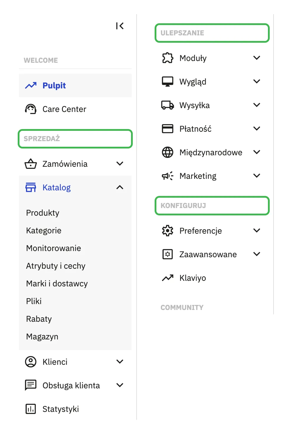 Menu boczne panelu PrestaShop 9.2 z działami Sprzedaż, Ulepszanie i Konfiguruj oraz rozwiniętym Katalogiem