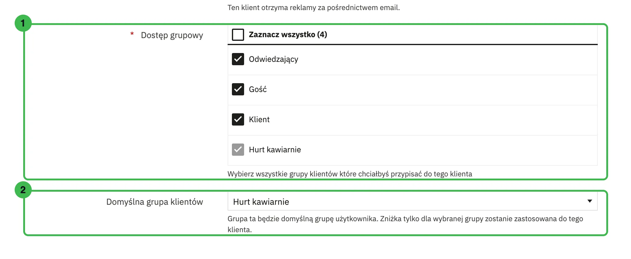 Pola Dostęp grupowy i Domyślna grupa klientów w formularzu klienta z zaznaczoną grupą Hurt kawiarnie