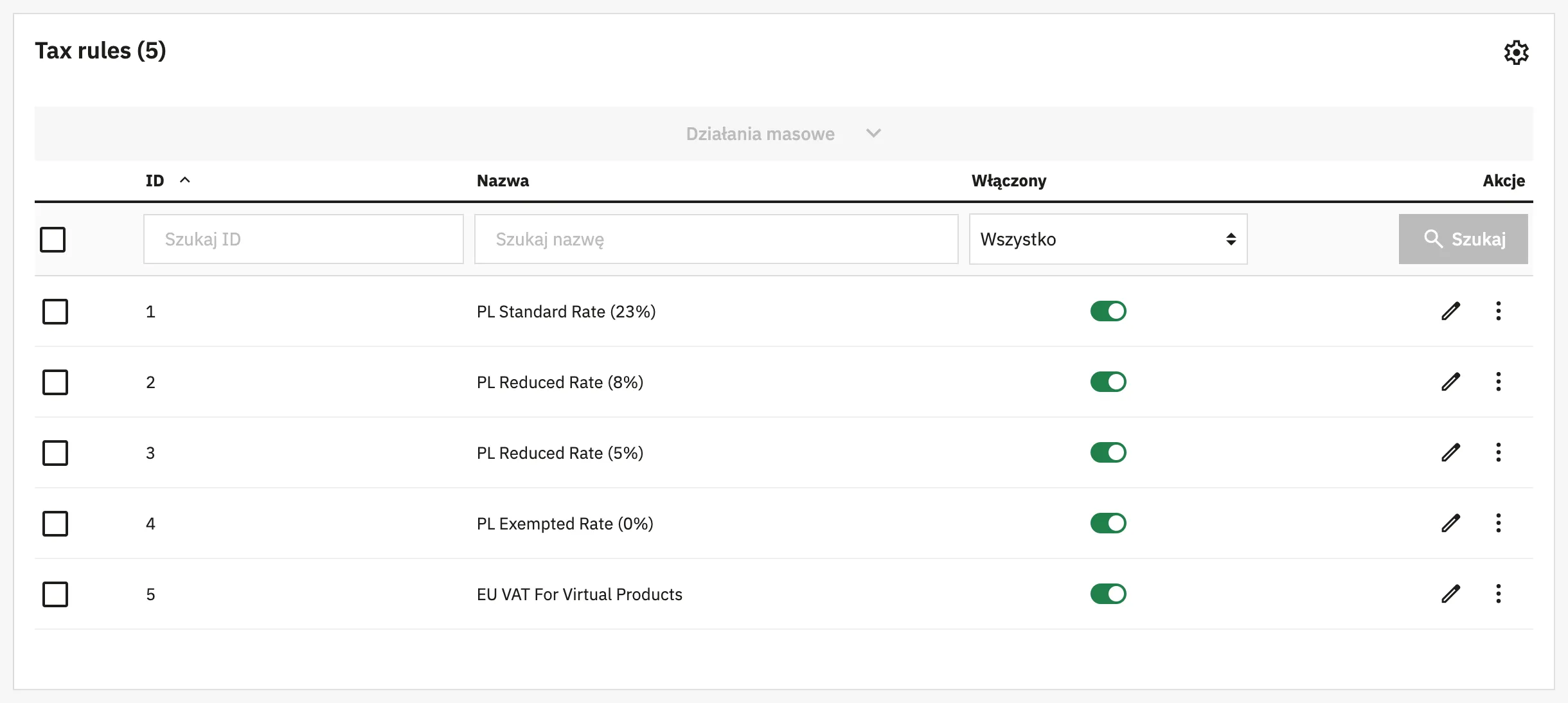 Lista reguł podatków w PrestaShop 9.2: PL Standard Rate 23%, PL Reduced Rate 8% i 5%, PL Exempted Rate 0% i EU VAT For Virtual Products