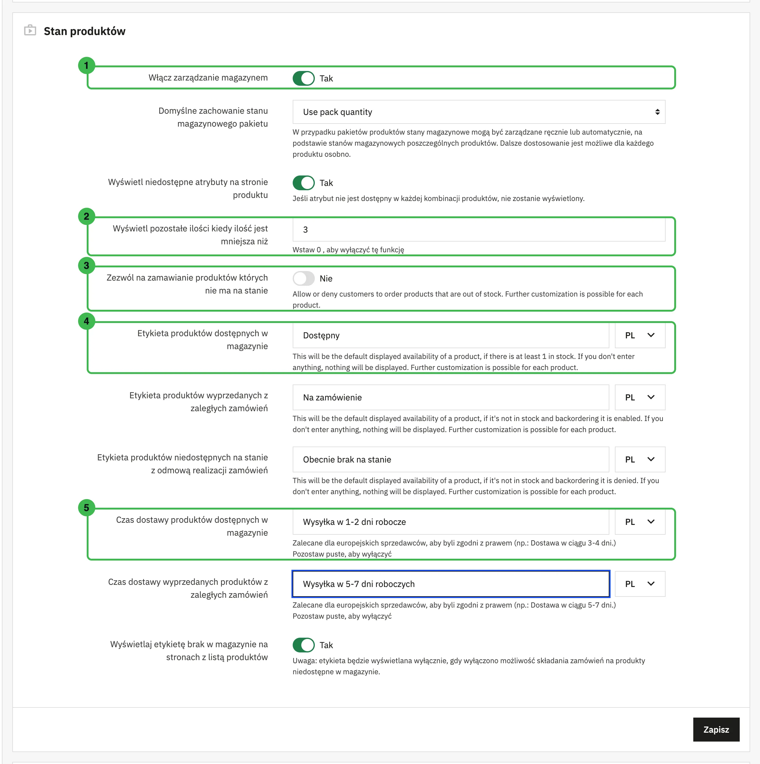 Sekcja Stan produktów z etykietami dostępności i czasem dostawy wypełnionymi dla Kawiarni Nova