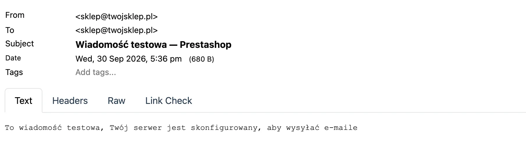 Wiadomość testowa z PrestaShop w skrzynce odbiorczej z tematem Wiadomość testowa - Prestashop