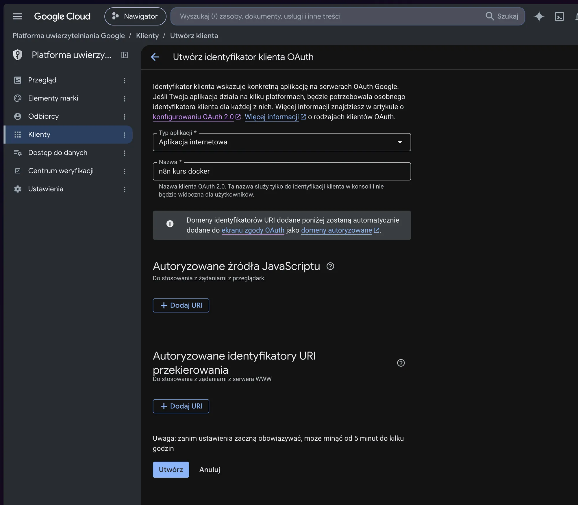 Utwórz identyfikator klienta OAuth - typ Aplikacja internetowa, nazwa klienta i sekcja Autoryzowane identyfikatory URI przekierowania z przyciskiem Dodaj URI