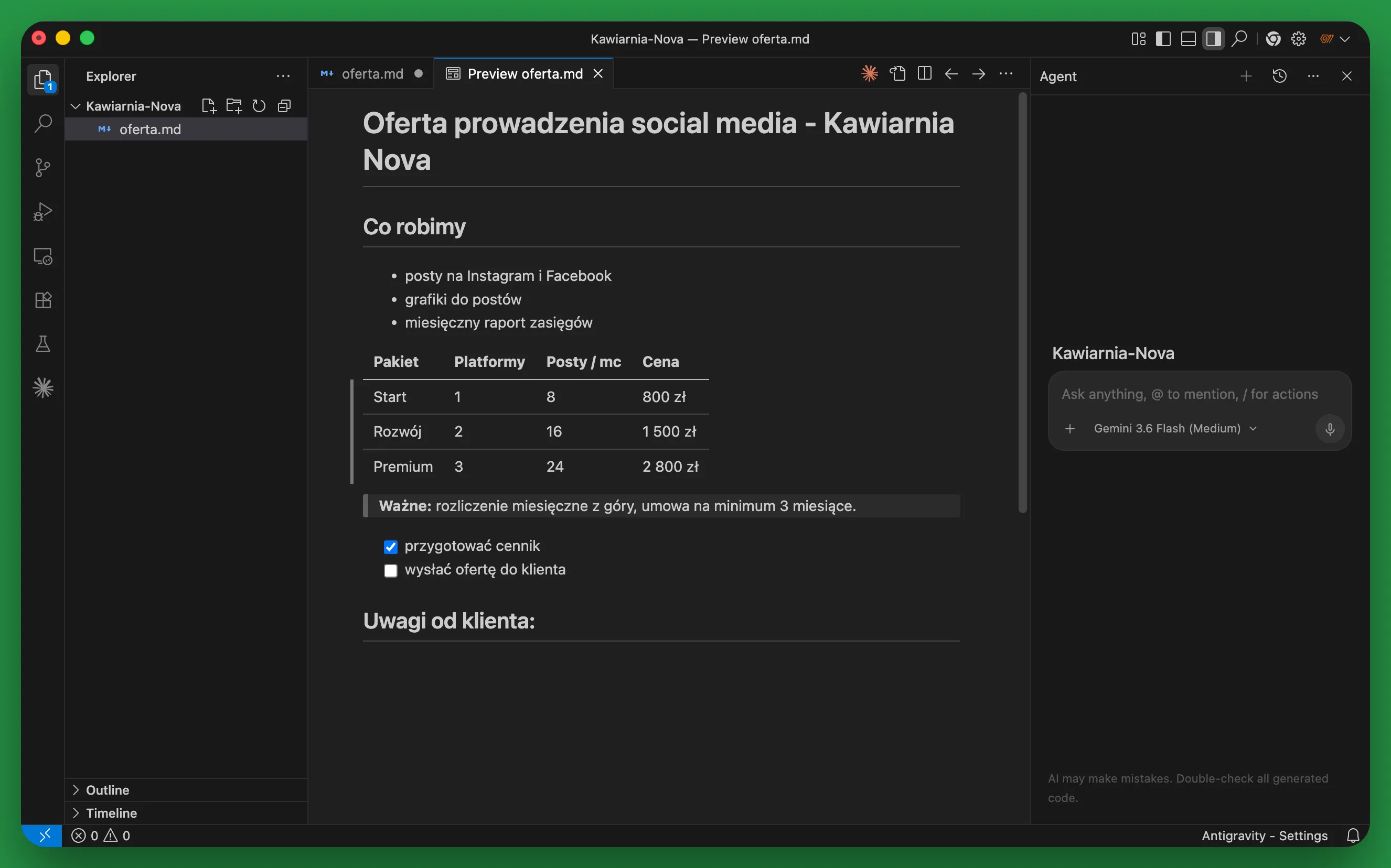 Podgląd Open Preview obok surowego pliku Markdown