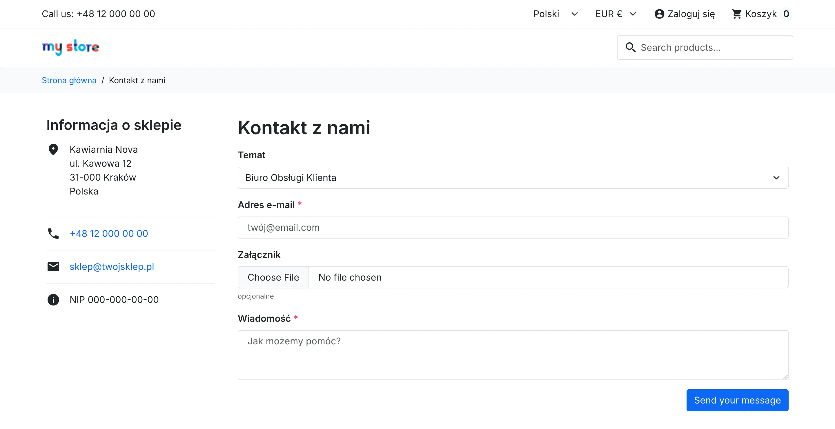Strona Kontakt z nami w sklepie Kawiarnia Nova z danymi firmy i formularzem kontaktowym