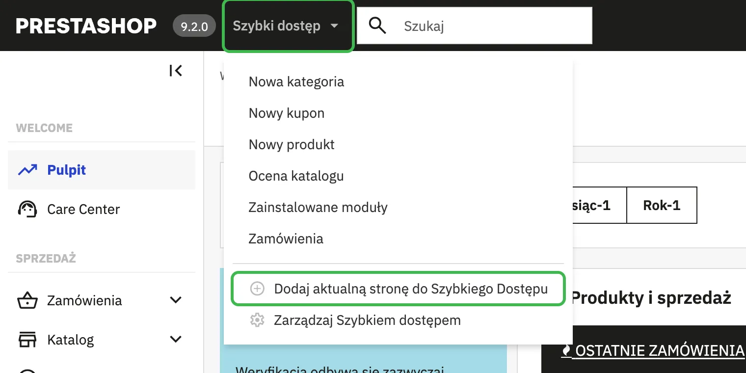 Rozwinięta lista Szybki dostęp w PrestaShop 9.2 z opcją Dodaj aktualną stronę do Szybkiego Dostępu