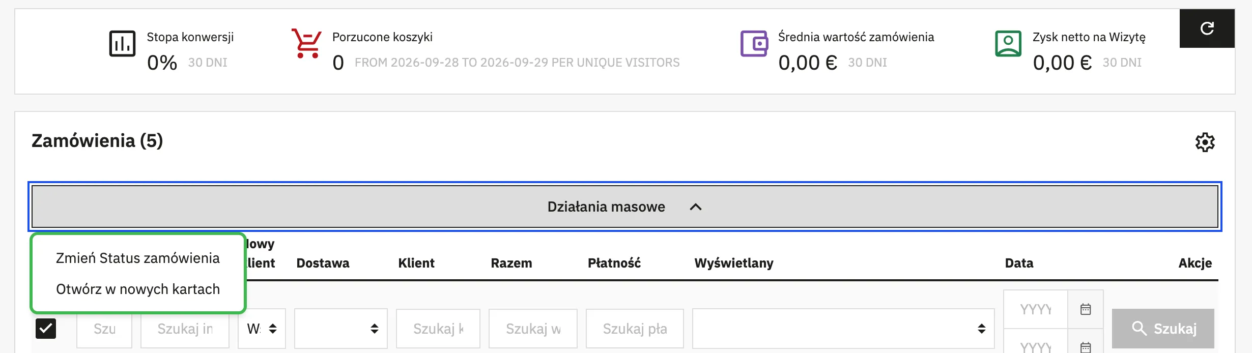 Menu Działania masowe na liście zamówień PrestaShop 9.2 z opcjami Zmień Status zamówienia i Otwórz w nowych kartach