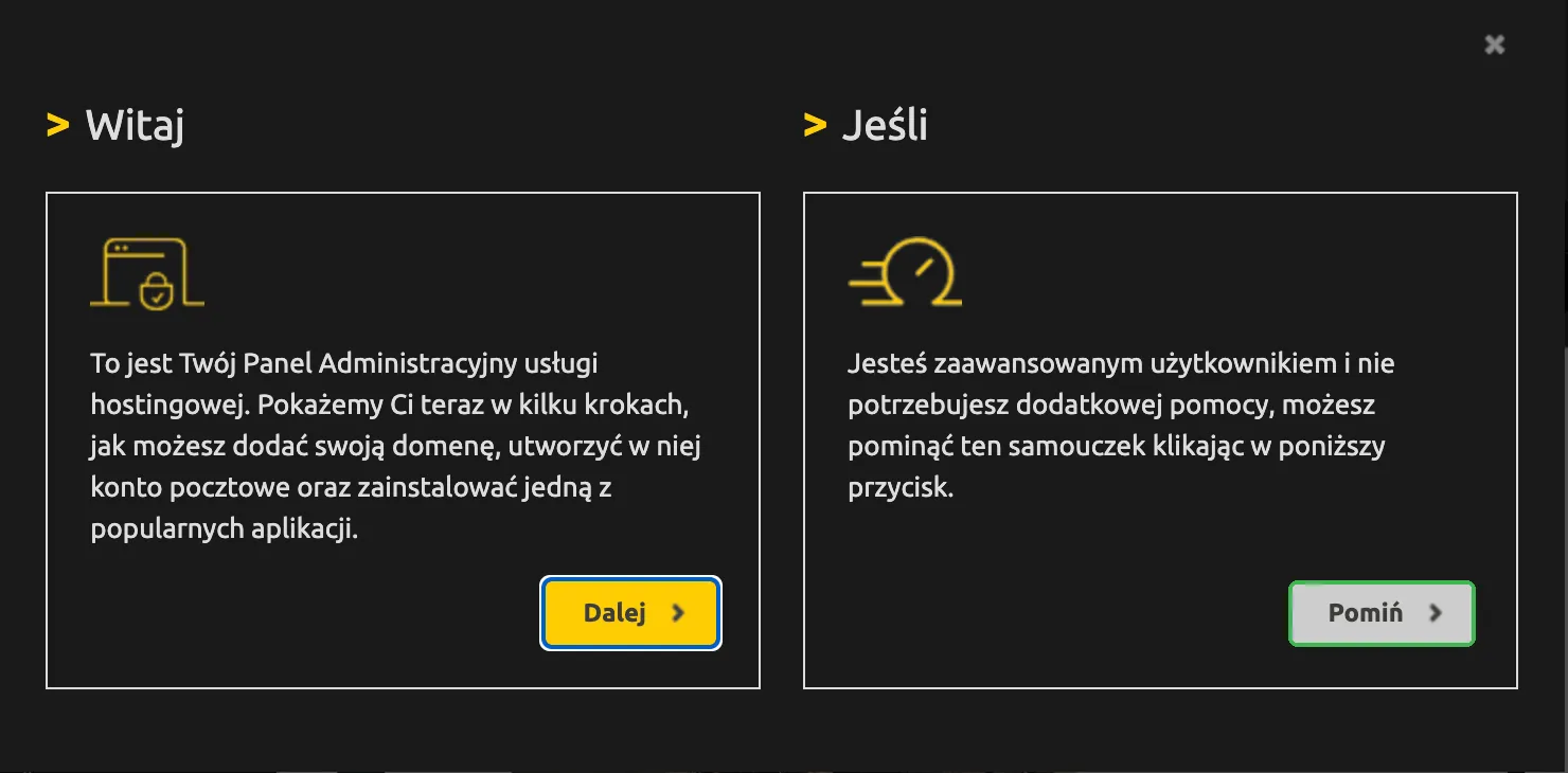 Okno powitalne DirectAdmin z przyciskami Dalej i Pomiń